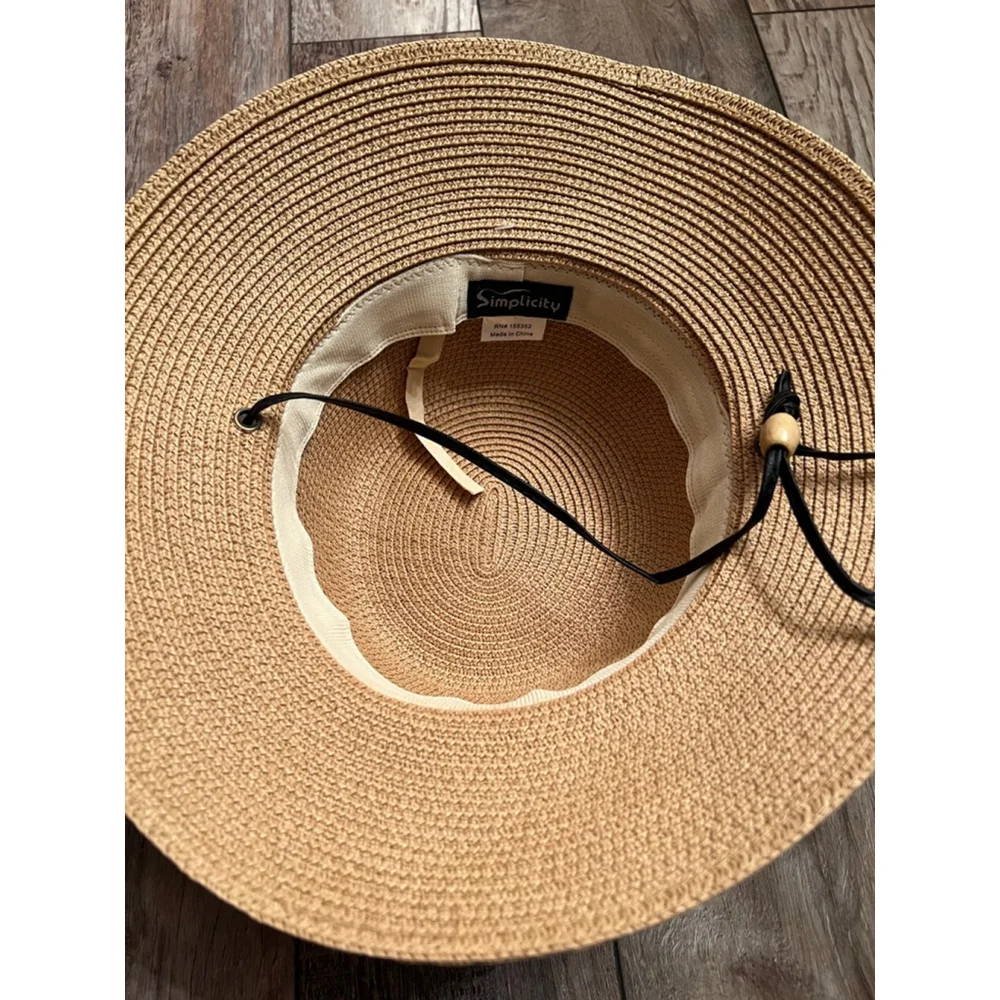 NEW Simplicity Beige Straw Sun Hat with Black Band One Size